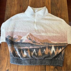 Cozy Sherpa Half-Zip Pullover with Mountain Scene - White, Pink, Gray